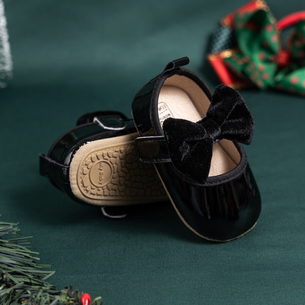 6 To 12 Months Newborn Baby Girls Belly Shoe Partywear Anti-Slip Sandal Booties (Black)-BT4638