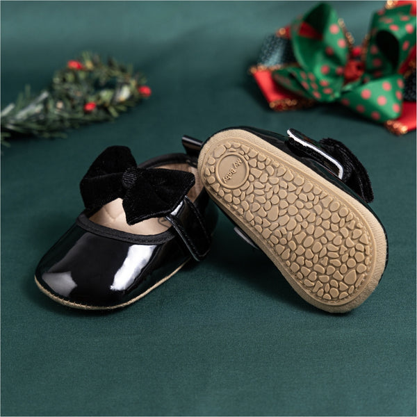 6 To 12 Months Newborn Baby Girls Belly Shoe Partywear Anti-Slip Sandal Booties (Black)-BT4638
