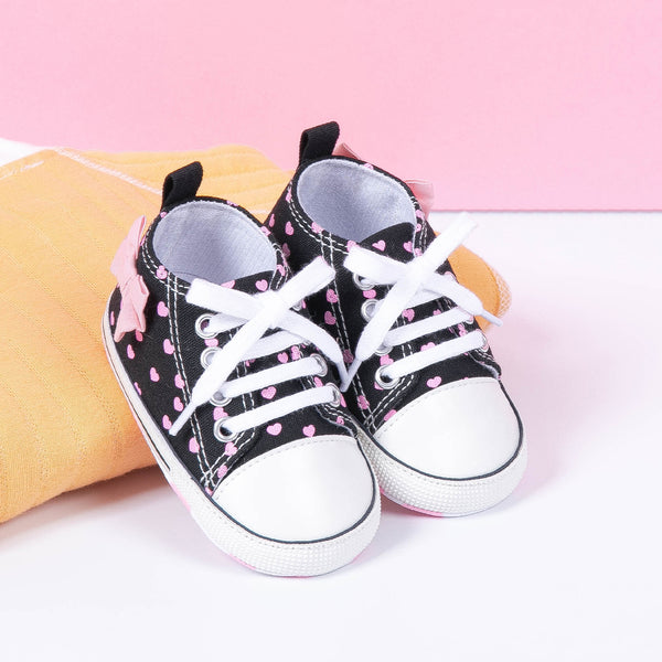 0 to 4 Months Baby Boys & Girls Canvas Shoes,Infant Non Slip Sole Lace Closure Booties (Black)-BT4643