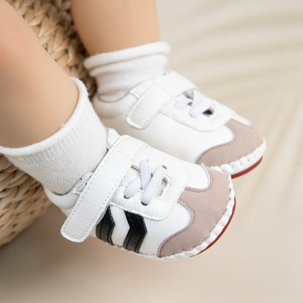 6 to 12 Months Baby Boys & Girls Synthetic Leather Shoes,Infant Non Slip Velcro Booties (White,Black)-BT4644