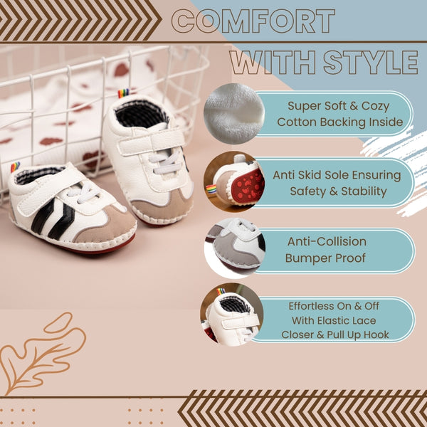 6 to 12 Months Baby Boys & Girls Synthetic Leather Shoes,Infant Non Slip Velcro Booties (White,Black)-BT4644