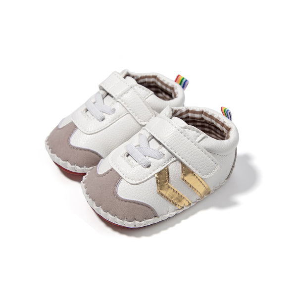 6 to 12 Months Baby Boys & Girls Synthetic Leather Shoes,Infant Non Slip Velcro Booties (White,Gold)-BT4646