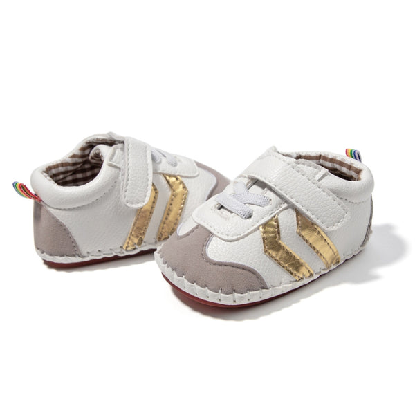 6 to 12 Months Baby Boys & Girls Synthetic Leather Shoes,Infant Non Slip Velcro Booties (White,Gold)-BT4646