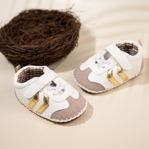 6 to 12 Months Baby Boys & Girls Synthetic Leather Shoes,Infant Non Slip Velcro Booties (White,Gold)-BT4646