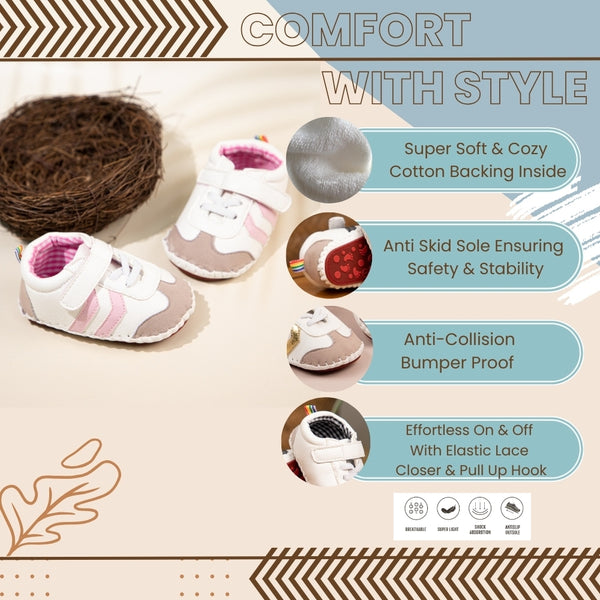 6 to 12 Months Baby Boys & Girls Synthetic Leather Shoes,Infant Non Slip Velcro Booties (White,Gold)-BT4646