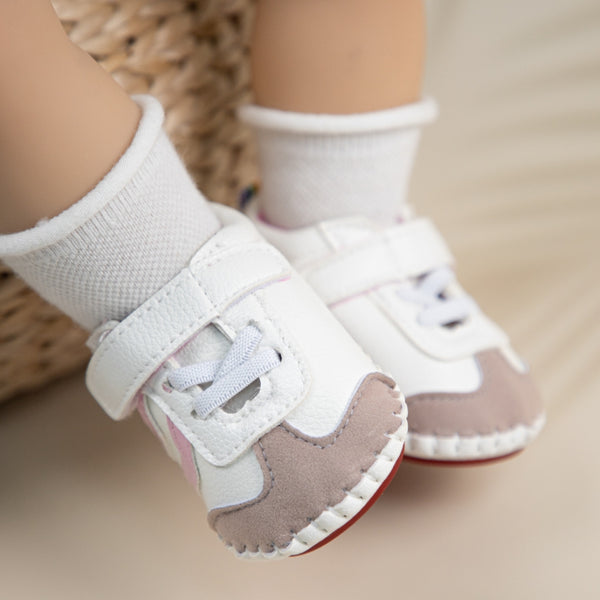 6 to 12 Months Baby Boys & Girls Synthetic Leather Shoes,Infant Non Slip Velcro Booties (Pink,White)-BT4647