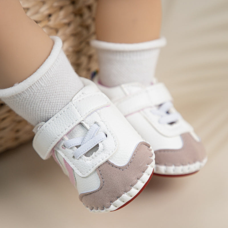 6 to 12 Months Baby Boys & Girls Synthetic Leather Shoes,Infant Non Slip Velcro Booties (Pink,White)-BT4647