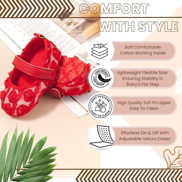 6 To 12 Months Newborn Baby Girls Belly Shoe Partywear Anti-Slip Sandal Booties (Red)-BT4648
