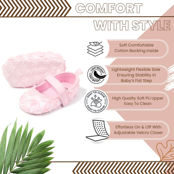 6 To 12 Months Newborn Baby Girls Belly Shoe Partywear Anti-Slip Sandal Booties (Pink)-BT4650