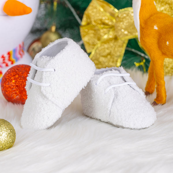 6 to 12 Months Baby Girls Soft Fur Shoes,Infant Non Slip Sole Lace Closure Booties (White)-BT4653