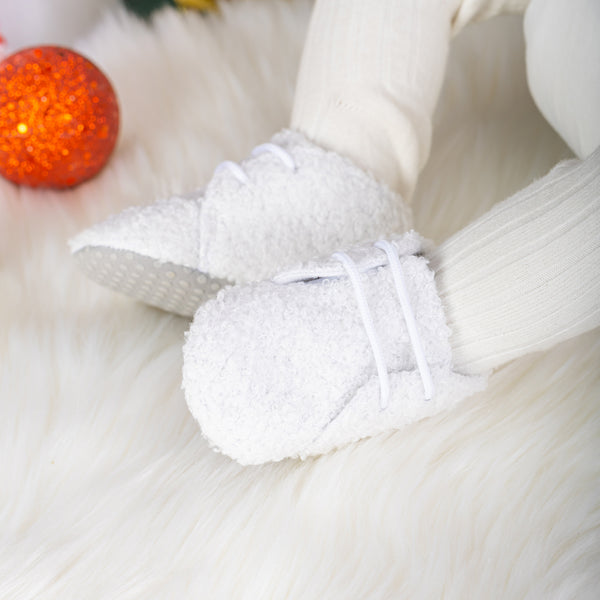 6 to 12 Months Baby Girls Soft Fur Shoes,Infant Non Slip Sole Lace Closure Booties (White)-BT4653