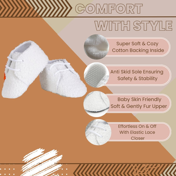 6 to 12 Months Baby Girls Soft Fur Shoes,Infant Non Slip Sole Lace Closure Booties (White)-BT4653