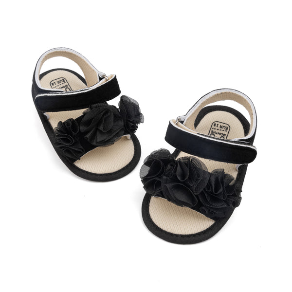 6 to 12 Months Baby Girls Anti-Slip Floral Design Hook & Loop Sandal (Black)-BT4663