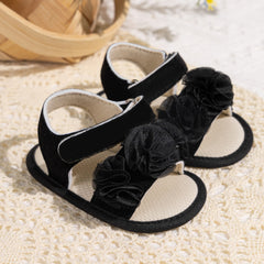 6 to 12 Months Baby Girls Anti-Slip Floral Design Hook & Loop Sandal (Black)-BT4663