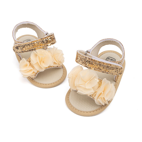 6 to 12 Months Baby Girls Anti-Slip Floral Design Hook & Loop Sandal (Gold)-BT4664