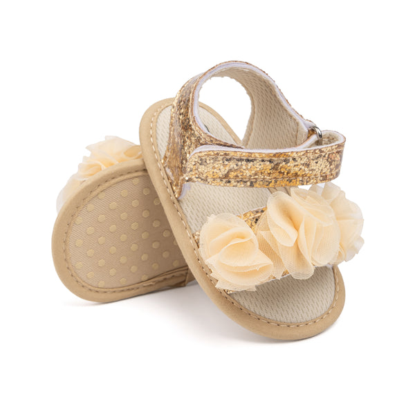 6 to 12 Months Baby Girls Anti-Slip Floral Design Hook & Loop Sandal (Gold)-BT4664