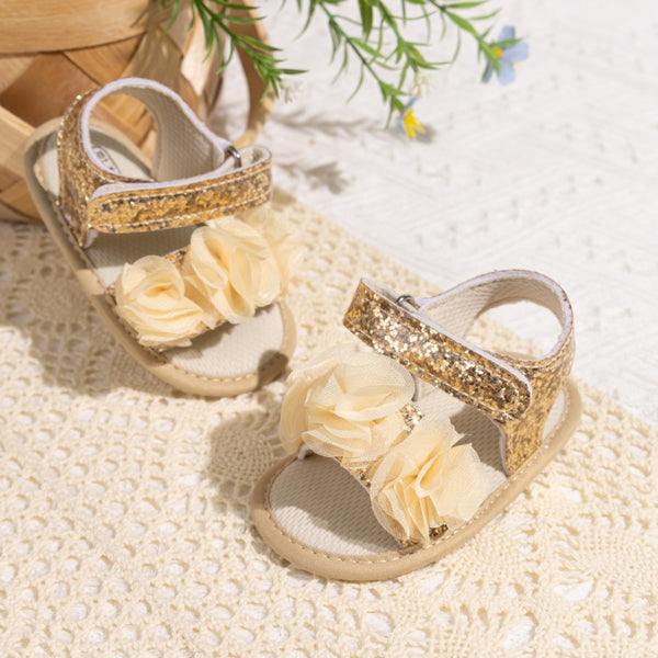 6 to 12 Months Baby Girls Anti-Slip Floral Design Hook & Loop Sandal (Gold)-BT4664