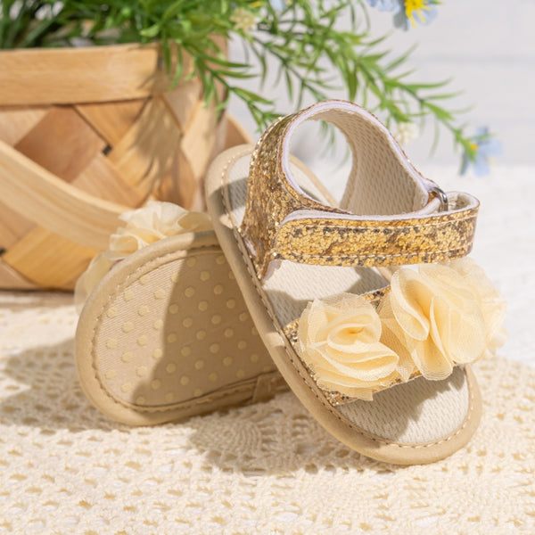 6 to 12 Months Baby Girls Anti-Slip Floral Design Hook & Loop Sandal (Gold)-BT4664