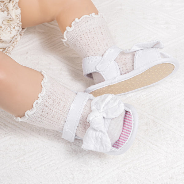 6 to 12 Months Baby Girls Anti-Slip Bow Pattern Hook & Loop Sandal (White)-BT4665