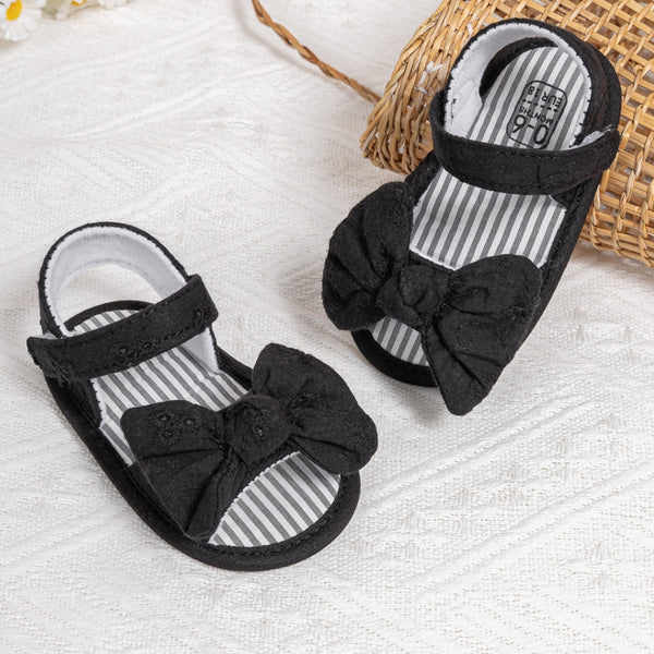 6 to 12 Months Baby Girls Anti-Slip Bow Pattern Hook & Loop Sandal (Black)-BT4666