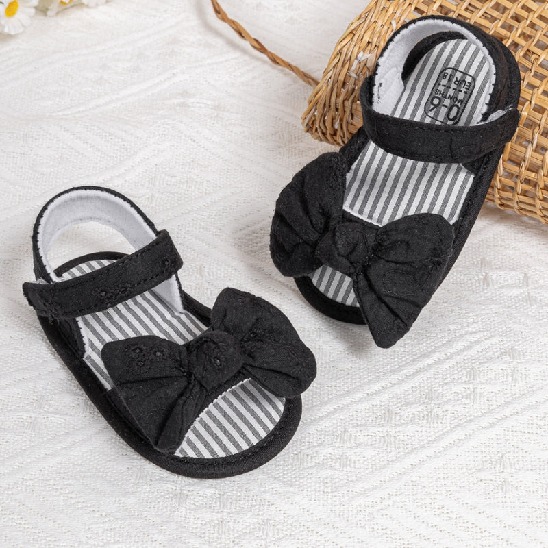 6 to 12 Months Baby Girls Anti-Slip Bow Pattern Hook & Loop Sandal (Black)-BT4666