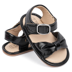 6 to 12 Months Baby Girls Anti-Slip Bow Pattern Hook & Loop Sandal (Black)-BT4671