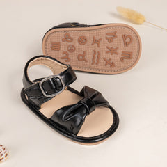 6 to 12 Months Baby Girls Anti-Slip Bow Pattern Hook & Loop Sandal (Black)-BT4671