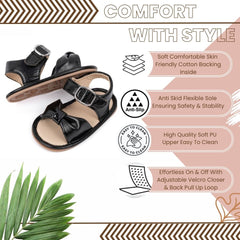 6 to 12 Months Baby Girls Anti-Slip Bow Pattern Hook & Loop Sandal (Black)-BT4671