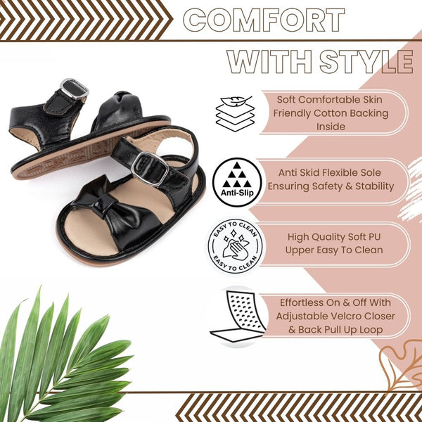 6 to 12 Months Baby Girls Anti-Slip Bow Pattern Hook & Loop Sandal (Black)-BT4671