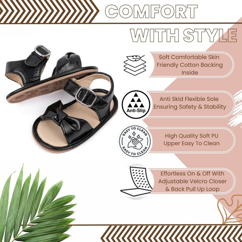6 to 12 Months Baby Girls Anti-Slip Bow Pattern Hook & Loop Sandal (Black)-BT4671