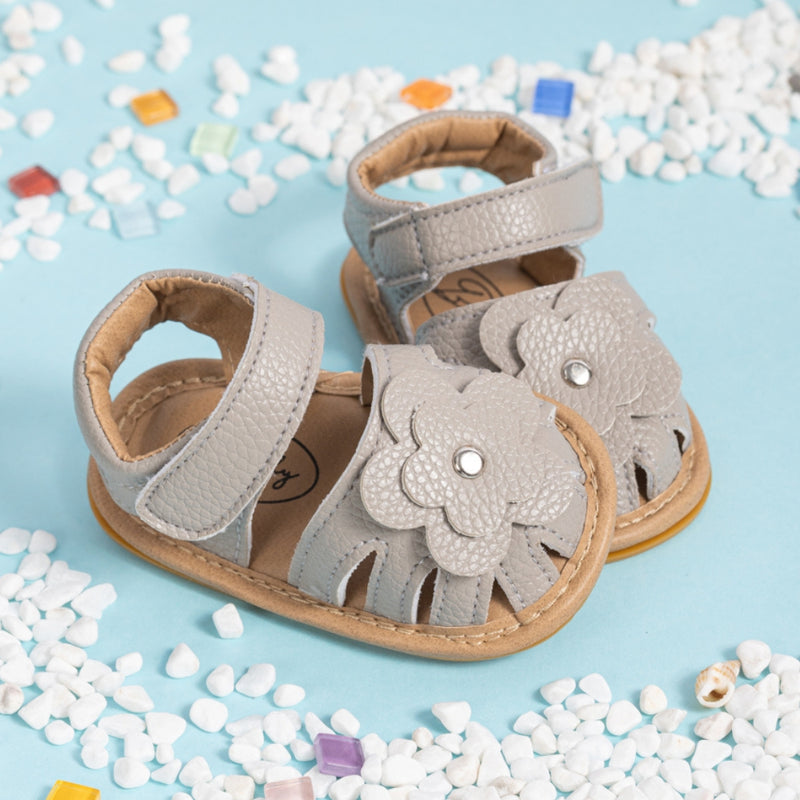 Neska Moda 6 to 12 Months Baby Girls Anti-Slip Floral Design Hook & Loop Sandal (Grey)-BT4674