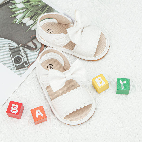 6 to 12 Months Baby Girls Anti-Slip Bow Design Hook & Loop Sandal (White)-BT4675