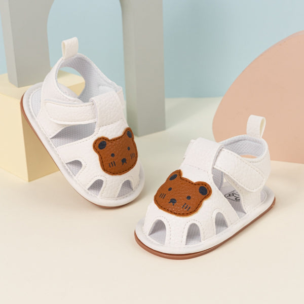 Neska Moda 6 to 12 Months Baby Girls Anti-Slip Teddy Bear Face Hook & Loop Sandal (White)-BT4678