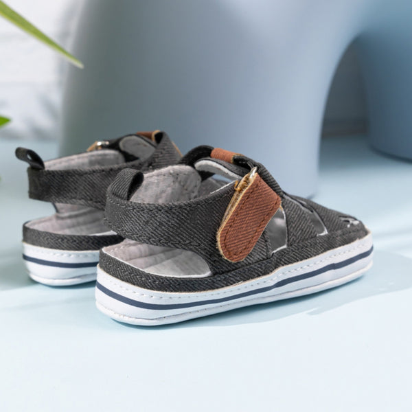 Neska Moda 6 to 12 Months Baby Girls Anti-Slip Denim Hook & Loop Sandal (Black)-BT4684