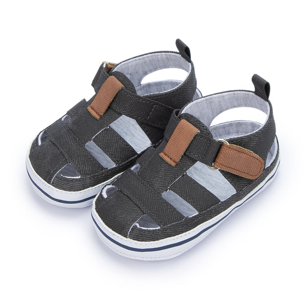 Neska Moda 6 to 12 Months Baby Girls Anti-Slip Denim Hook & Loop Sandal (Black)-BT4684