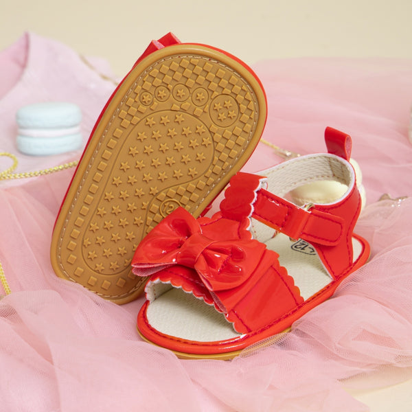 Neska Moda 6 to 12 Months Baby Girls Anti-Slip Bow Pattern Hook & Loop Sandal (Red)-BT4698