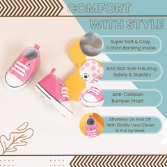 6 to 12 Months Baby Boys & Girls Canvas Shoes,Infant Non Slip Sole Lace Closure Booties (Pink)-BT4702