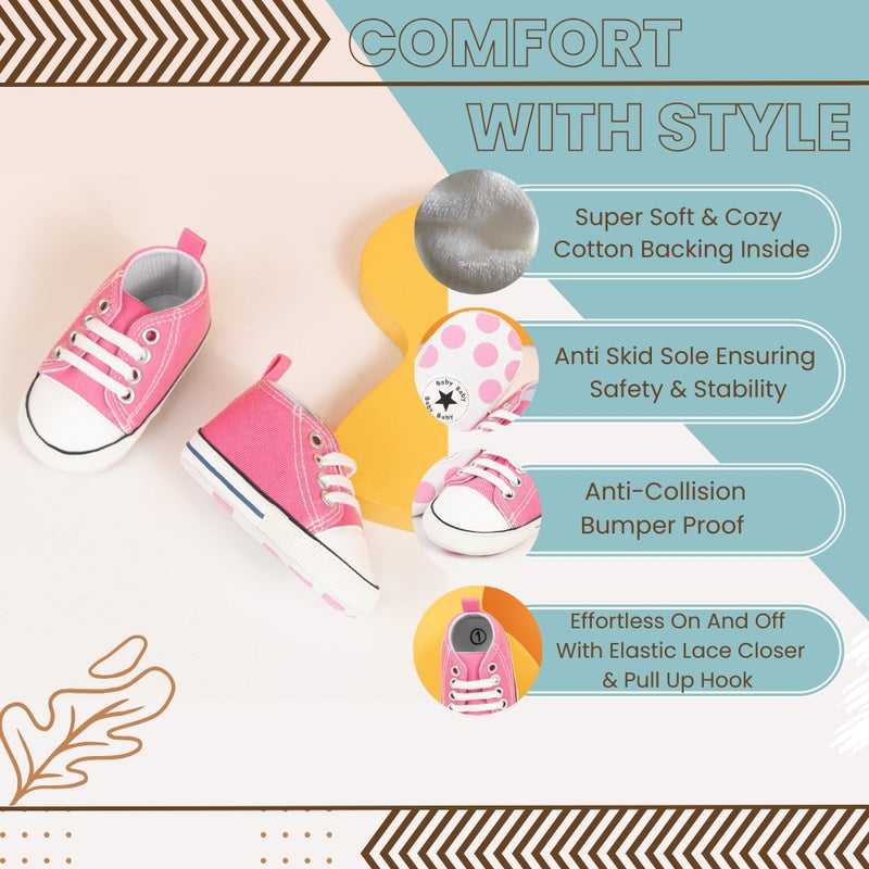 6 to 12 Months Baby Boys & Girls Canvas Shoes,Infant Non Slip Sole Lace Closure Booties (Pink)-BT4702