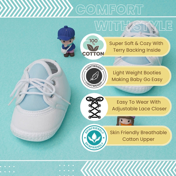 6 To 12 Months Baby Boys & Baby Girls Cute Soft Cotton Pre-Walker Lace Booties (White,Blue)
