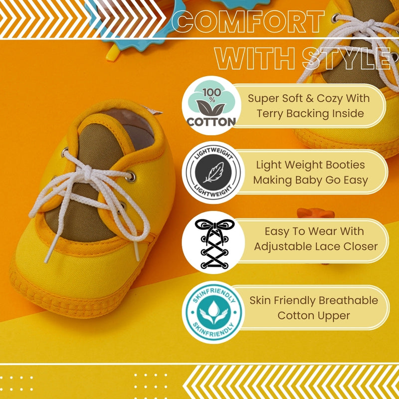 6 To 12 Months Baby Boys & Baby Girls Cute Soft Cotton Pre-Walker Lace Booties (Yellow,Mehendi)