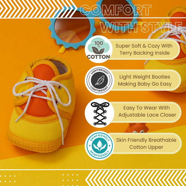 6 To 12 Months Baby Boys & Baby Girls Cute Soft Cotton Pre-Walker Lace Booties (Yellow,Orange)