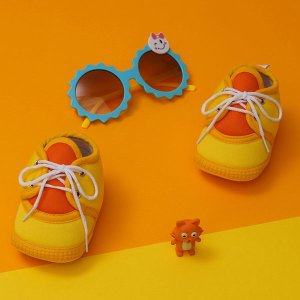 6 To 12 Months Baby Boys & Baby Girls Cute Soft Cotton Pre-Walker Lace Booties (Yellow,Orange)