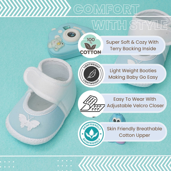 6 To 12 Months Baby Girls Soft Cotton Cute Butterfly Booties (White,Blue)