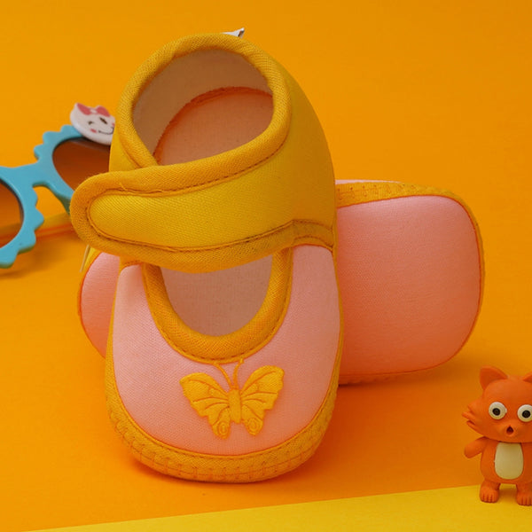 6 To 12 Months Baby Girls Soft Cotton Cute Butterfly Booties (Yellow,Baby Pink)