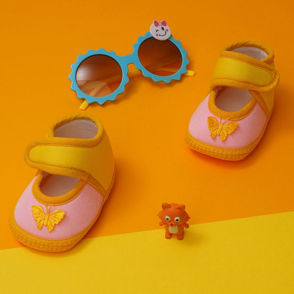 6 To 12 Months Baby Girls Soft Cotton Cute Butterfly Booties (Yellow,Baby Pink)