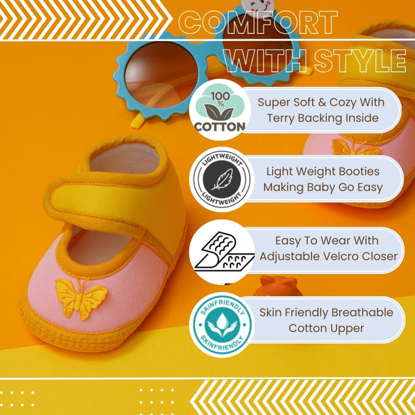 6 To 12 Months Baby Girls Soft Cotton Cute Butterfly Booties (Yellow,Baby Pink)