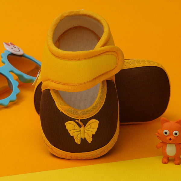 6 To 12 Months Baby Girls Soft Cotton Cute Butterfly Booties (Yellow,Brown)