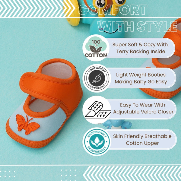 6 To 12 Months Baby Girls Soft Cotton Cute Butterfly Booties (Orange,Blue)