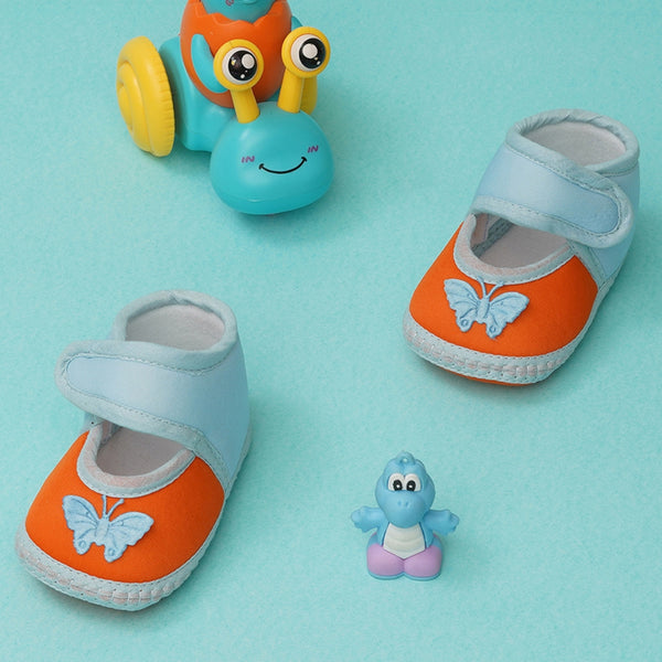 6 To 12 Months Baby Girls Soft Cotton Cute Butterfly Booties (Blue,Orange)