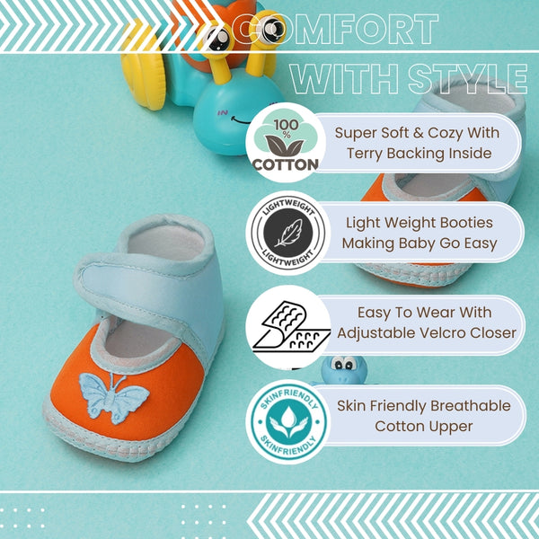 6 To 12 Months Baby Girls Soft Cotton Cute Butterfly Booties (Blue,Orange)